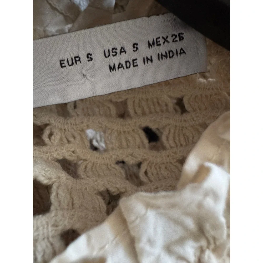 ZARA Crop Top Boho Prairie Crochet Ivory Cream Long‎ Sleeves Size Small